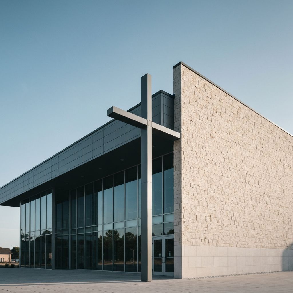 Modern church facade with a cross on the exterior wall
