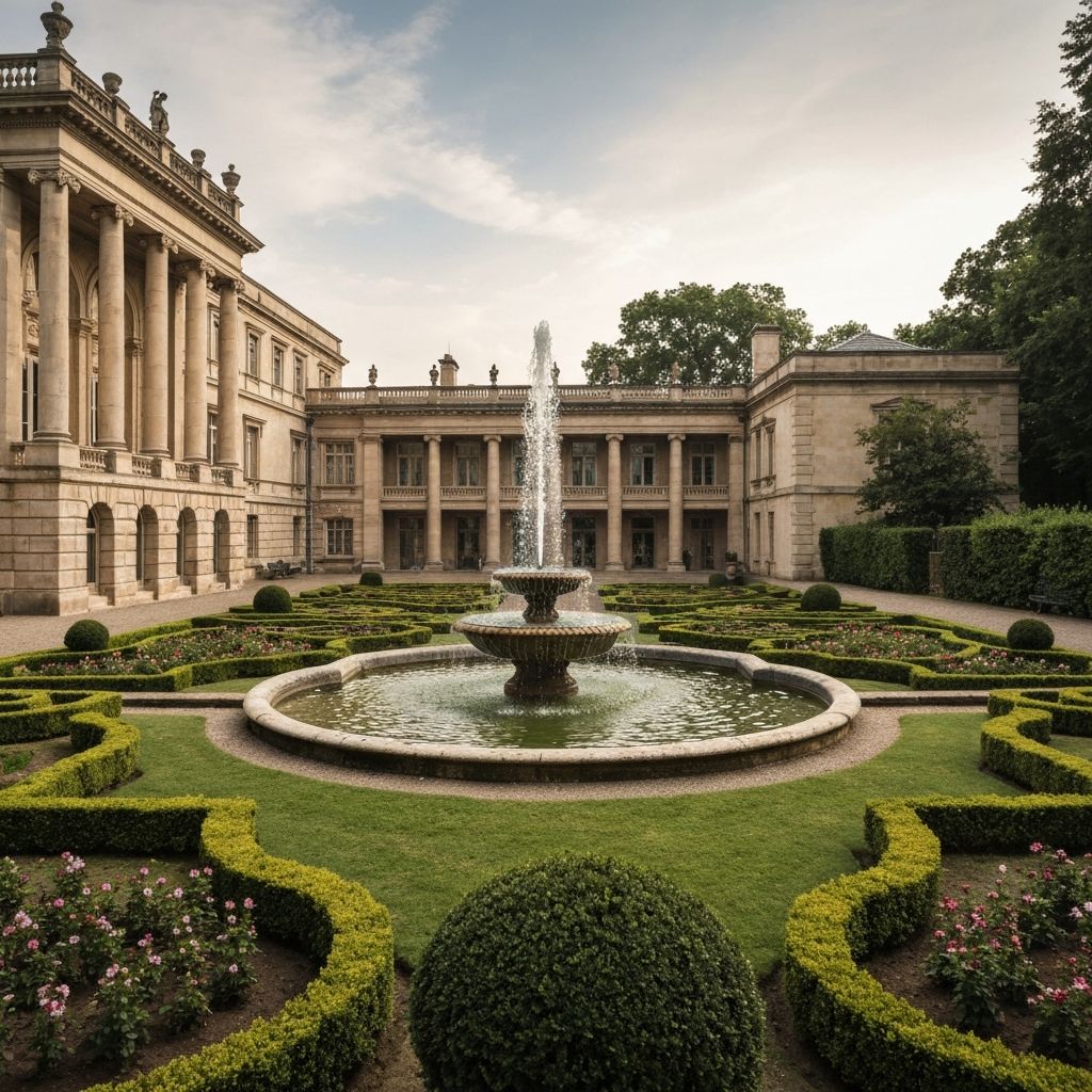 Classical estate building with a large fountain and formal gardens