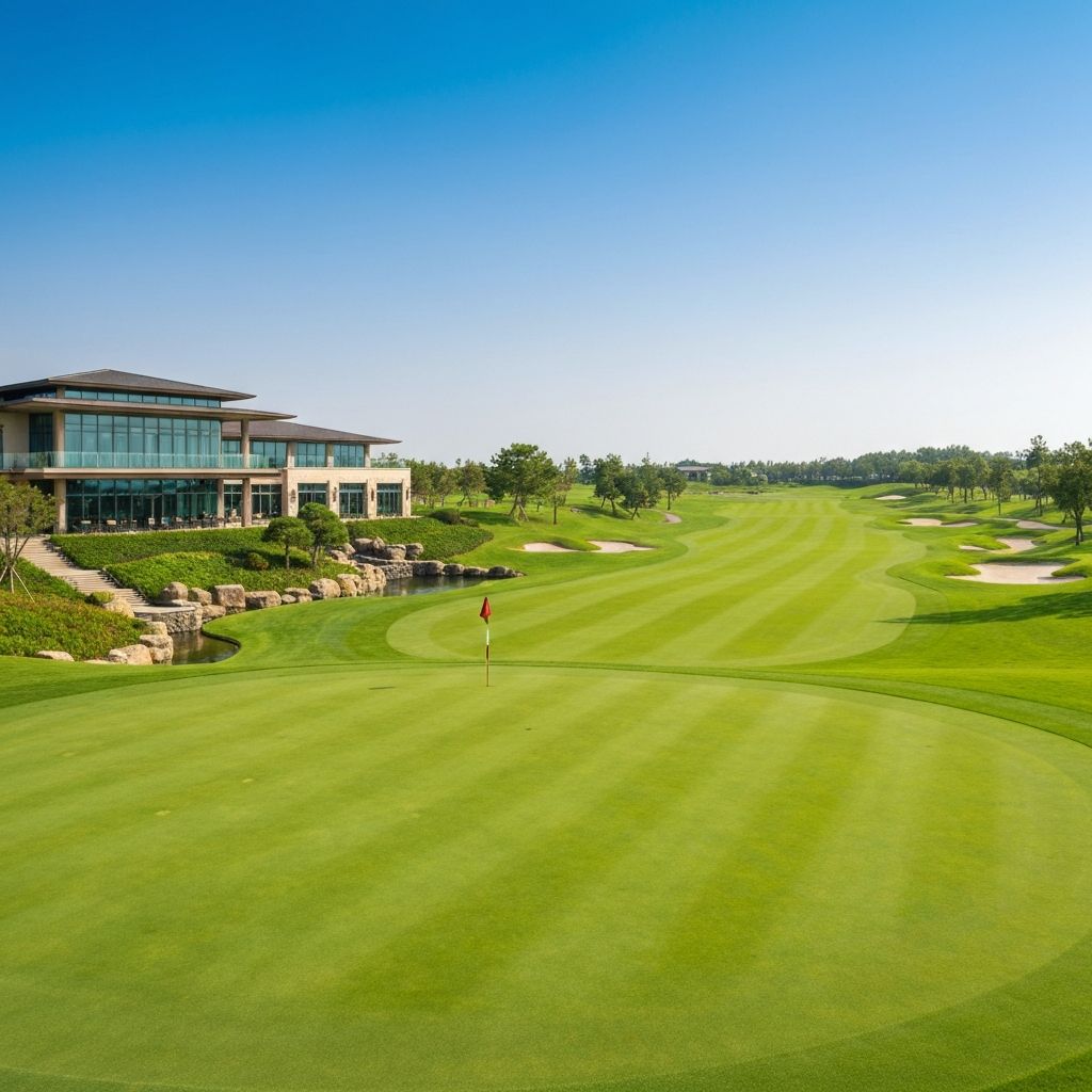 Golf course with clubhouse in the distance and manicured greens