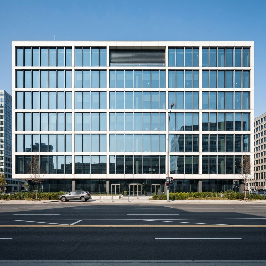 Modern office building with large windows and a central entrance